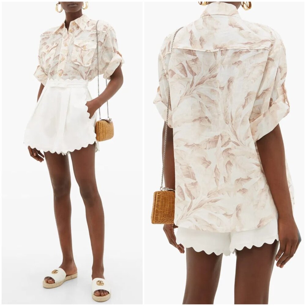 ZIMMERMANN Ramie Shirt Super Eight Leaf-Print size 1 US 6 Tropical Safari Boho - Picture 2 of 15